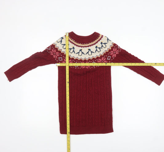 FatFace Girls Red Penguin Fair Isle Knit Jumper Dress Size 6-7 Years Winter