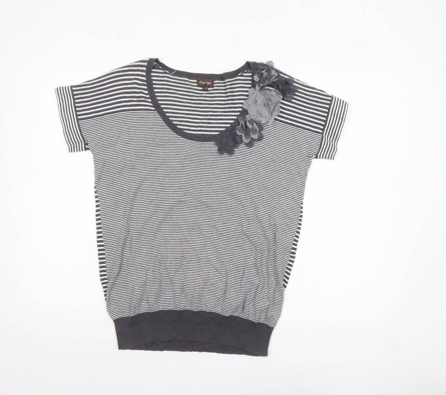 Phase Eight Women Grey Stripe Cotton Short Sleeve Pullover Jumper Size 12