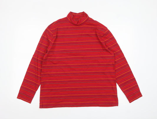 Lands' End Women's Red Striped Roll Neck Cotton Long Sleeve Top M