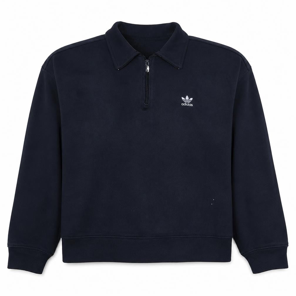 Front view of Adidas women’s navy 1/4 zip sweatshirt, size L, 16-18 cotton blend