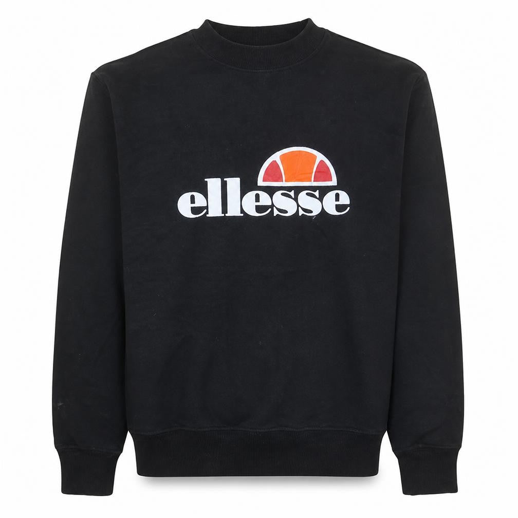 Front view of Ellesse men’s black small retro logo pullover sweatshirt