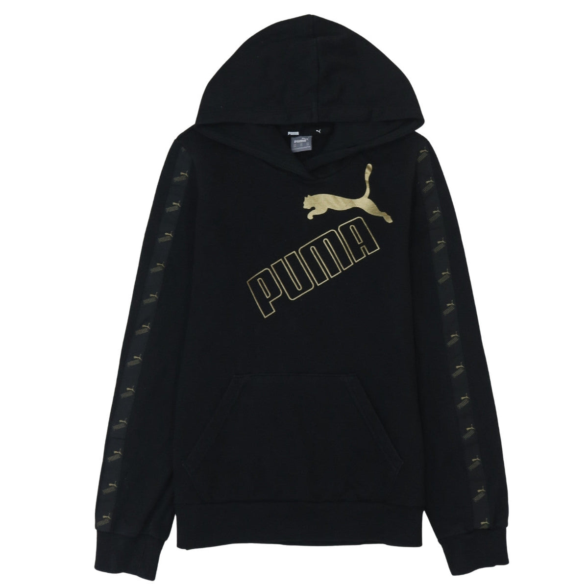 Additional front view of Puma Men's Black XS Pullover Hoodie with Gold Logo