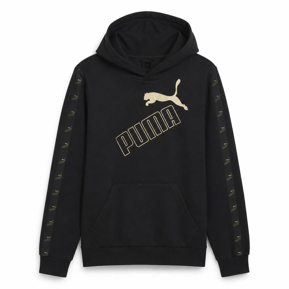 Front view of Puma Men's Black XS Pullover Hoodie with Gold Logo