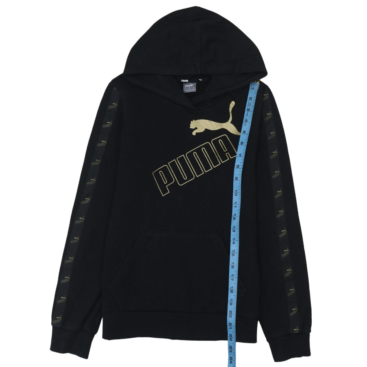 Back view of Puma Men's Black XS Pullover Hoodie with Gold Logo