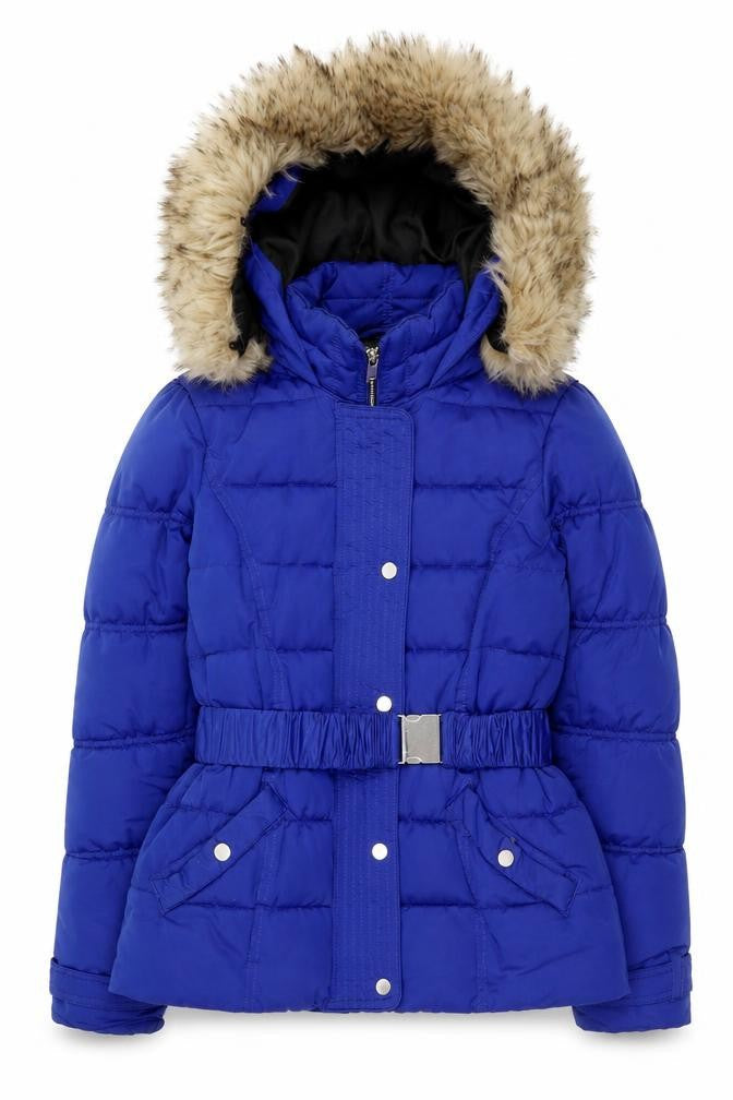 River Island Womens Blue Puffer Jacket Size 8 Hooded Belted Winter Coat