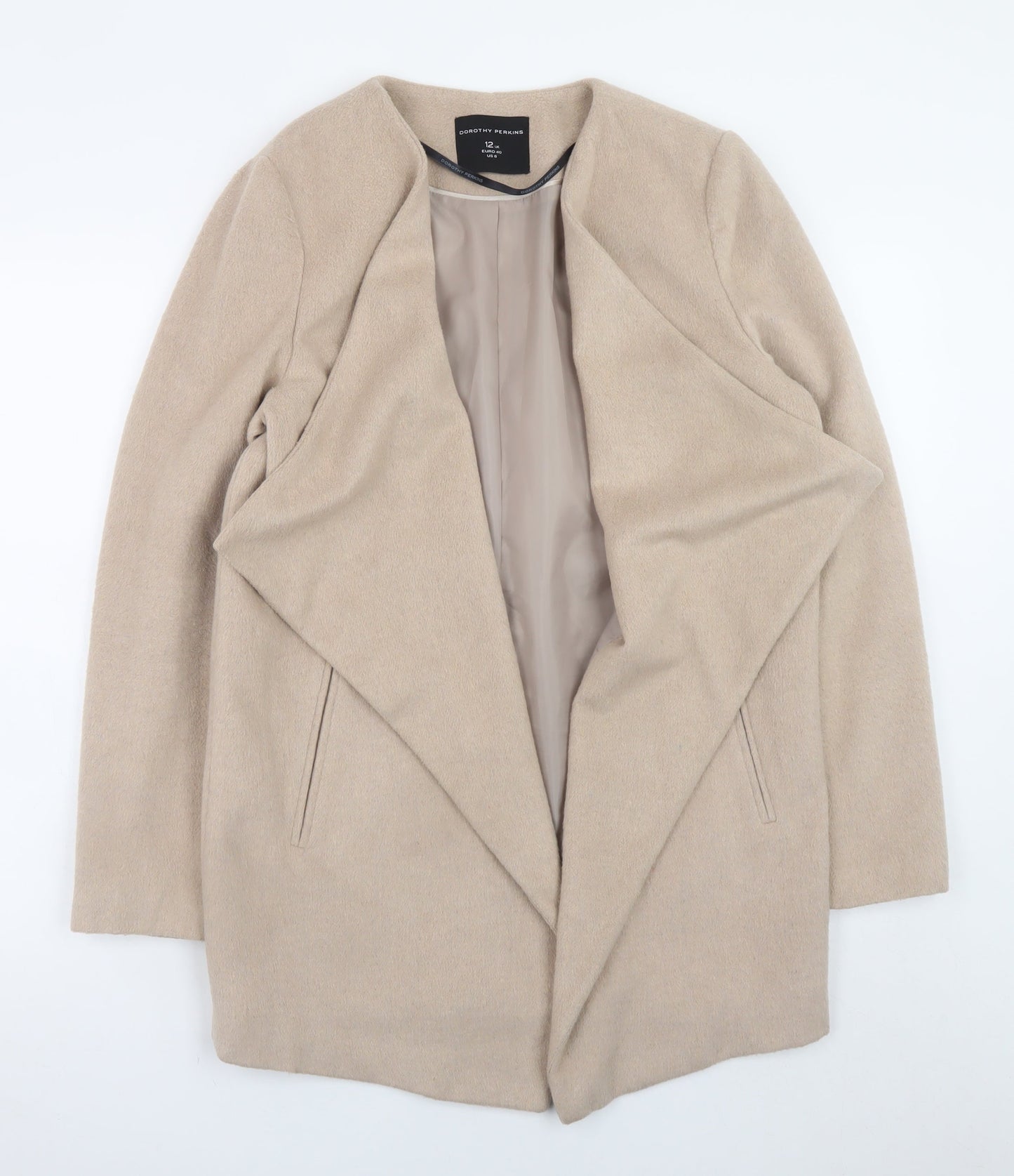 Dorothy Perkins Women Beige Size 12 Mid-Length Lined Open Coat