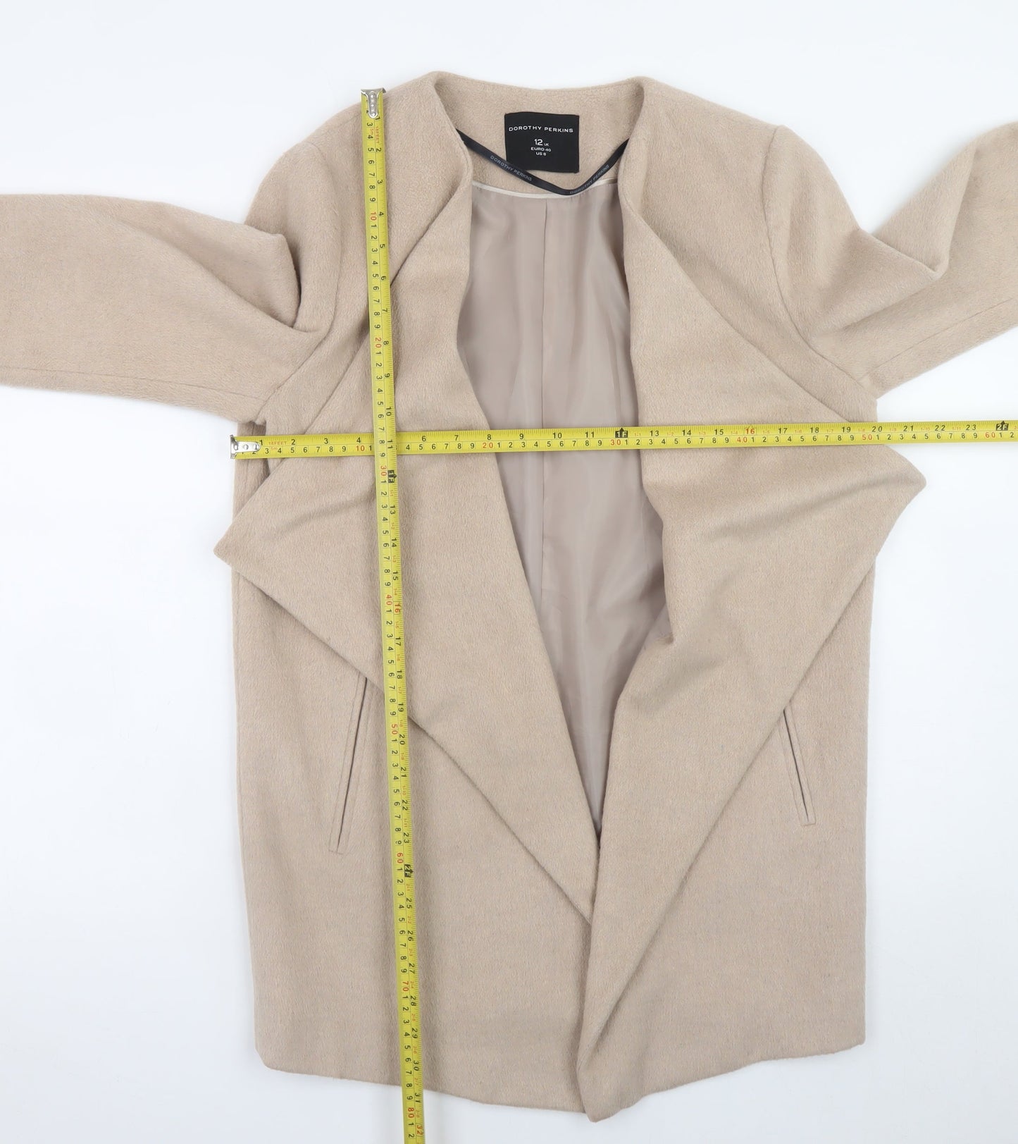 Dorothy Perkins Women Beige Size 12 Mid-Length Lined Open Coat