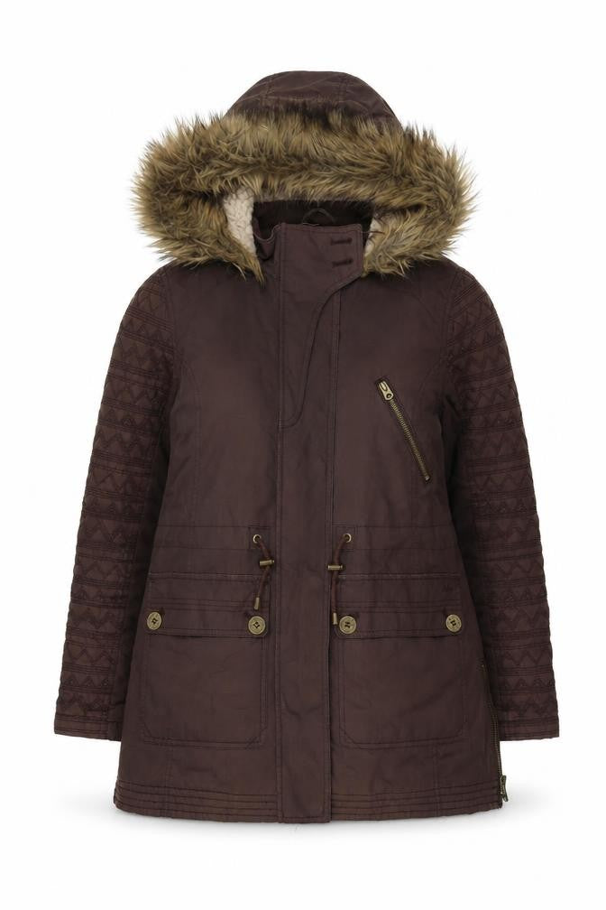 Front view of Mantaray Women Brown Faux Fur Hooded Parka Coat, size 12