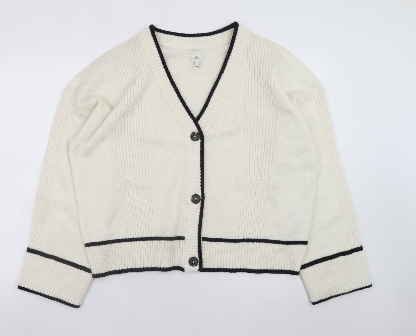 River Island Women Ivory L V-Neck Button Cardigan Knit Jumper