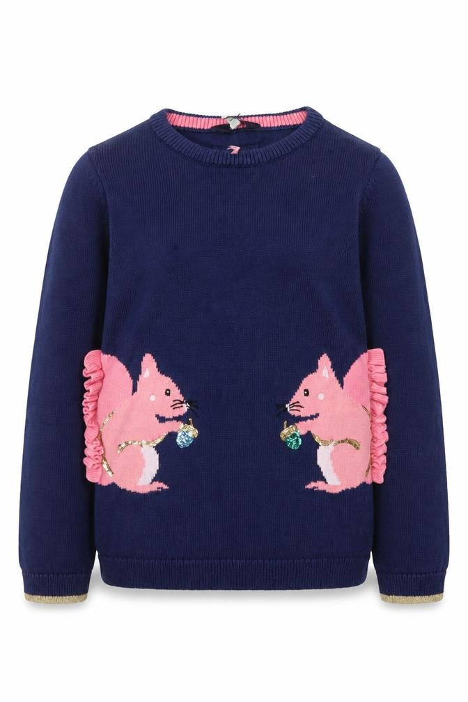 Joules Girls Blue 9-10 Years Pullover Jumper with Pink Squirrel Design
