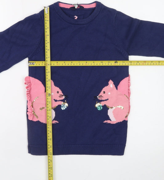 Joules Girls Blue 9-10 Years Pullover Jumper with Pink Squirrel Design