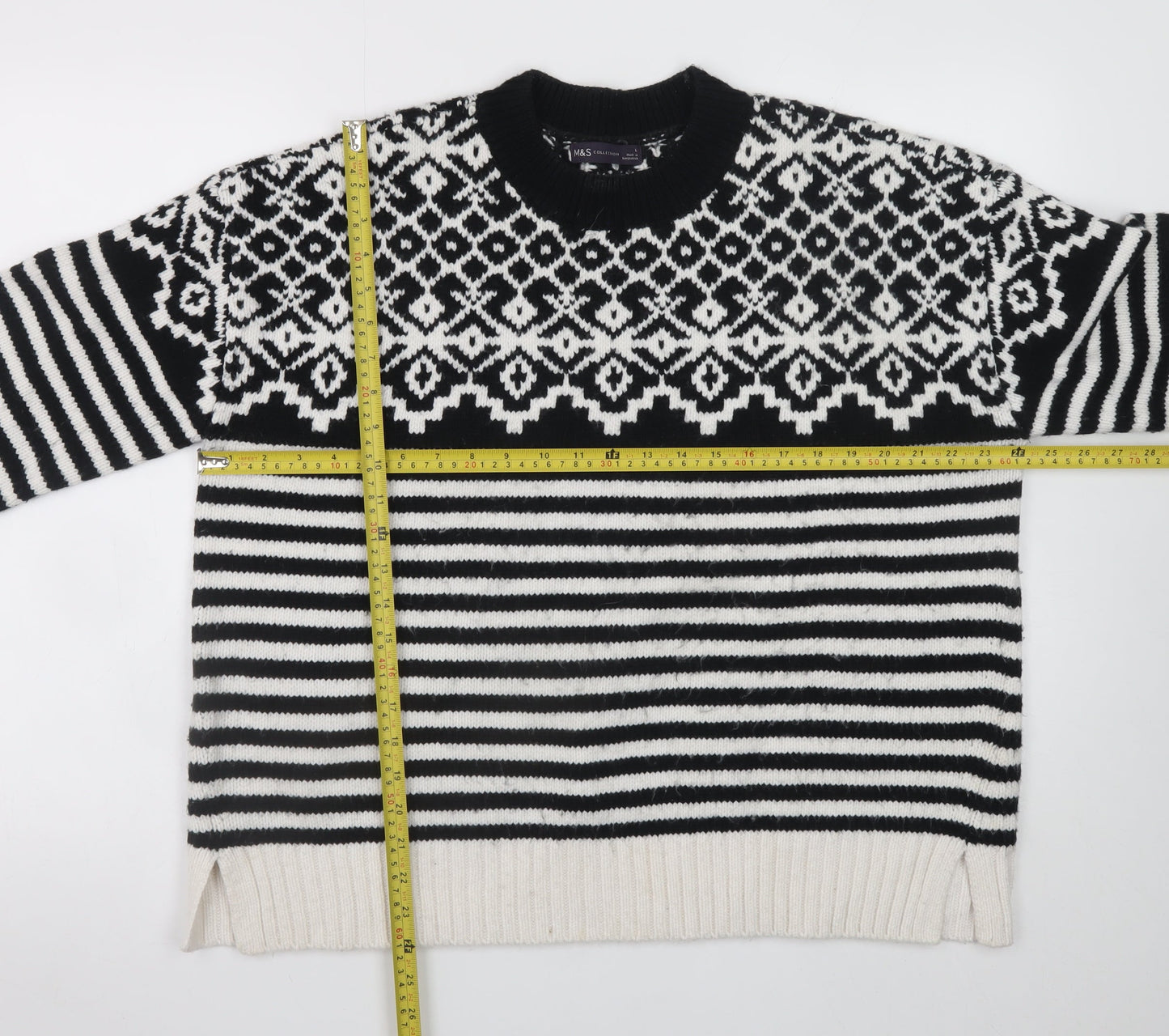 Marks and Spencer Women Black & White Fair Isle Knit Jumper L