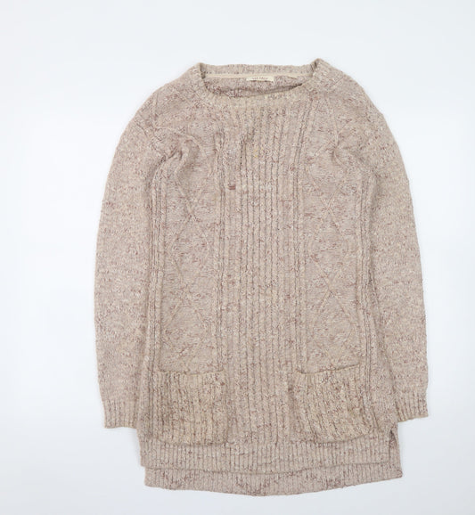 Fat Face Women Beige Knit Jumper Dress Size 8 Long Sleeve Casual Wool Blend