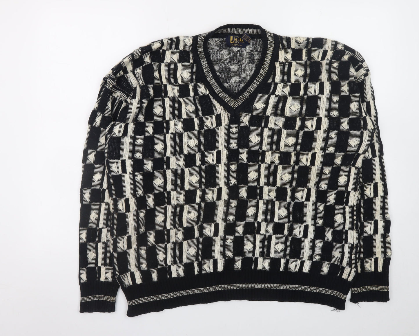 Le Roy Men’s Black Geometric Cotton Knit V-Neck Pullover Jumper XL