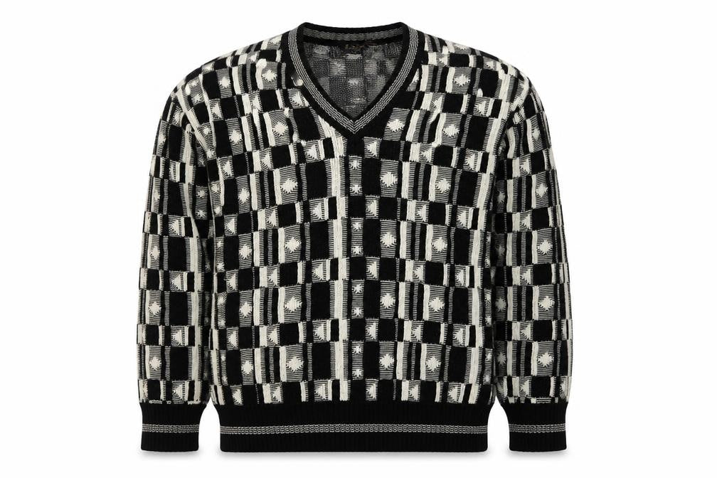 Le Roy Men’s Black Geometric Cotton Knit V-Neck Pullover Jumper XL