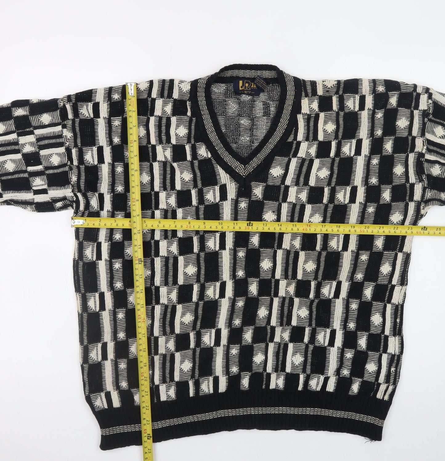 Le Roy Men’s Black Geometric Cotton Knit V-Neck Pullover Jumper XL