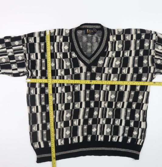 Le Roy Men’s Black Geometric Cotton Knit V-Neck Pullover Jumper XL