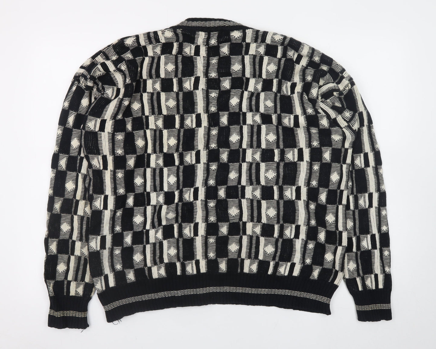 Le Roy Men’s Black Geometric Cotton Knit V-Neck Pullover Jumper XL