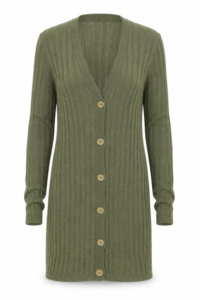 Front view of Jaeger Women’s Green V-Neck Ribbed Knit Long Sleeve Cardigan, size UK 10