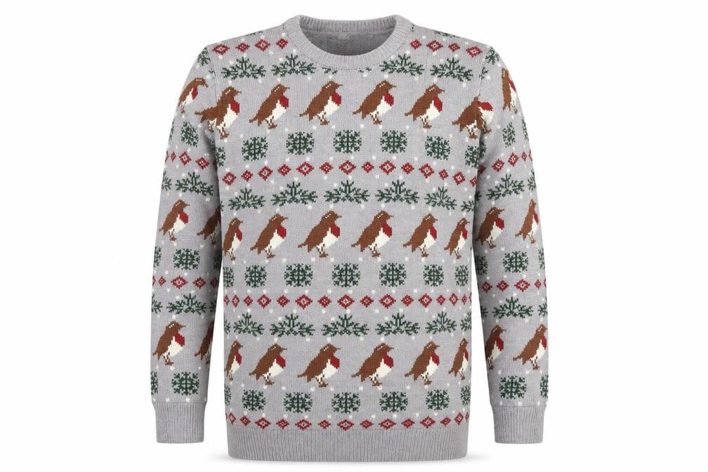 Cotton Traders Men's Grey Christmas Robin Fair Isle Pullover Jumper Size M