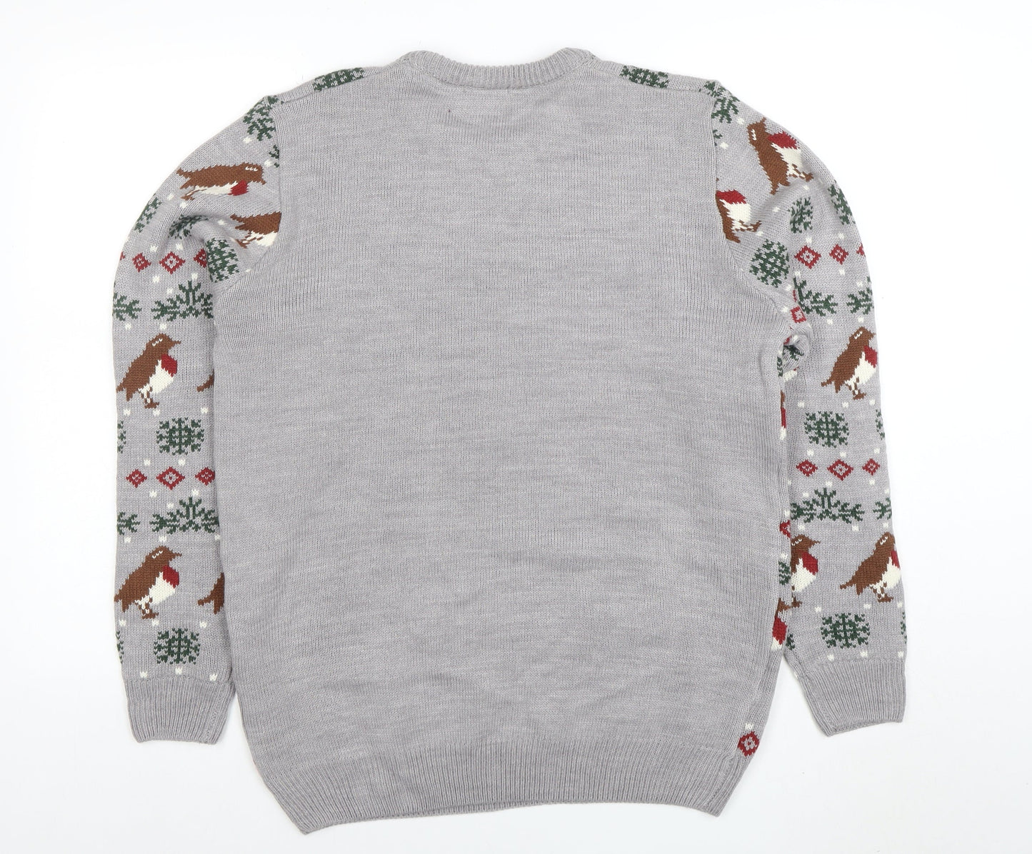 Cotton Traders Men's Grey Christmas Robin Fair Isle Pullover Jumper Size M