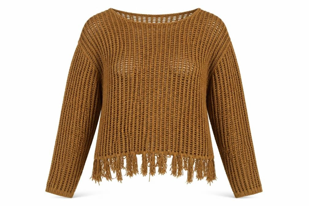 Encuentro Women Brown XL Open-Knit Fringe Pullover Jumper