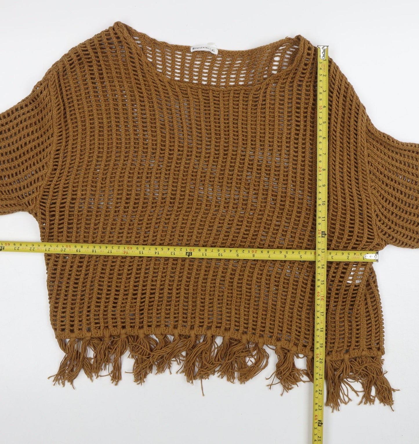 Encuentro Women Brown XL Open-Knit Fringe Pullover Jumper