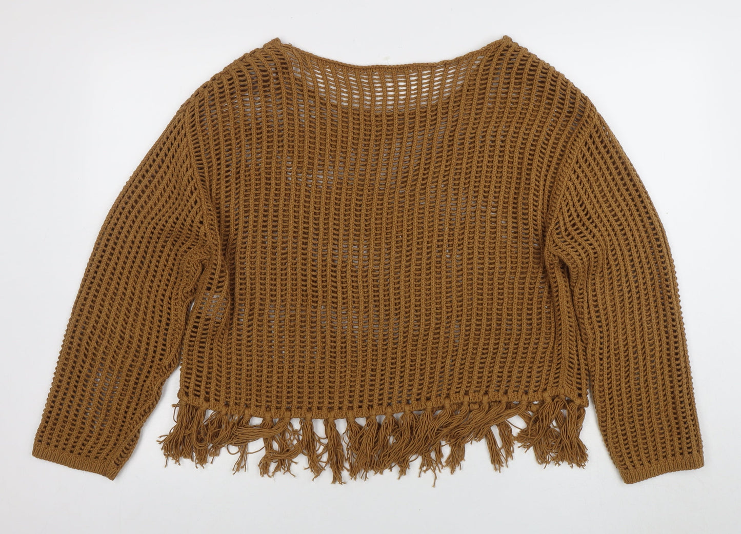 Encuentro Women Brown XL Open-Knit Fringe Pullover Jumper