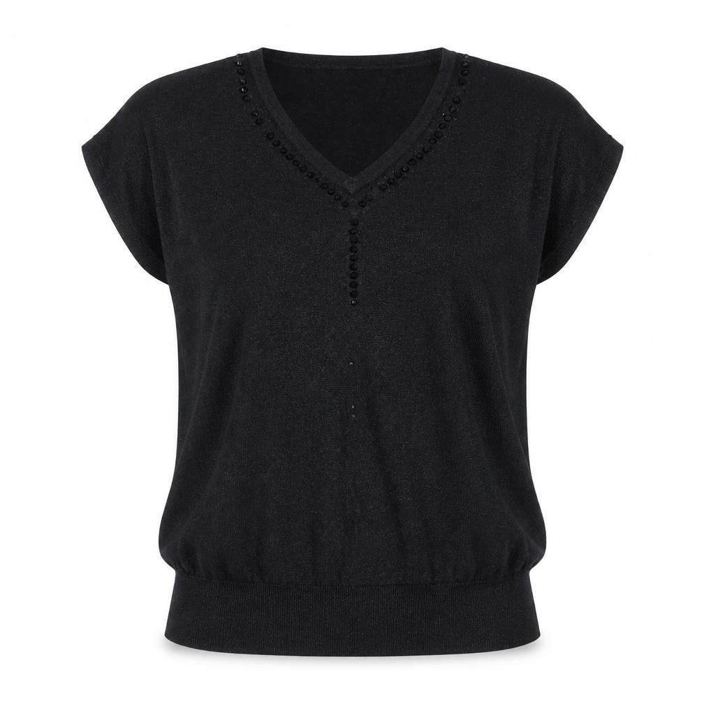 Front view of Wallis Petites Black Beaded V-Neck Tunic Knit Top, size M