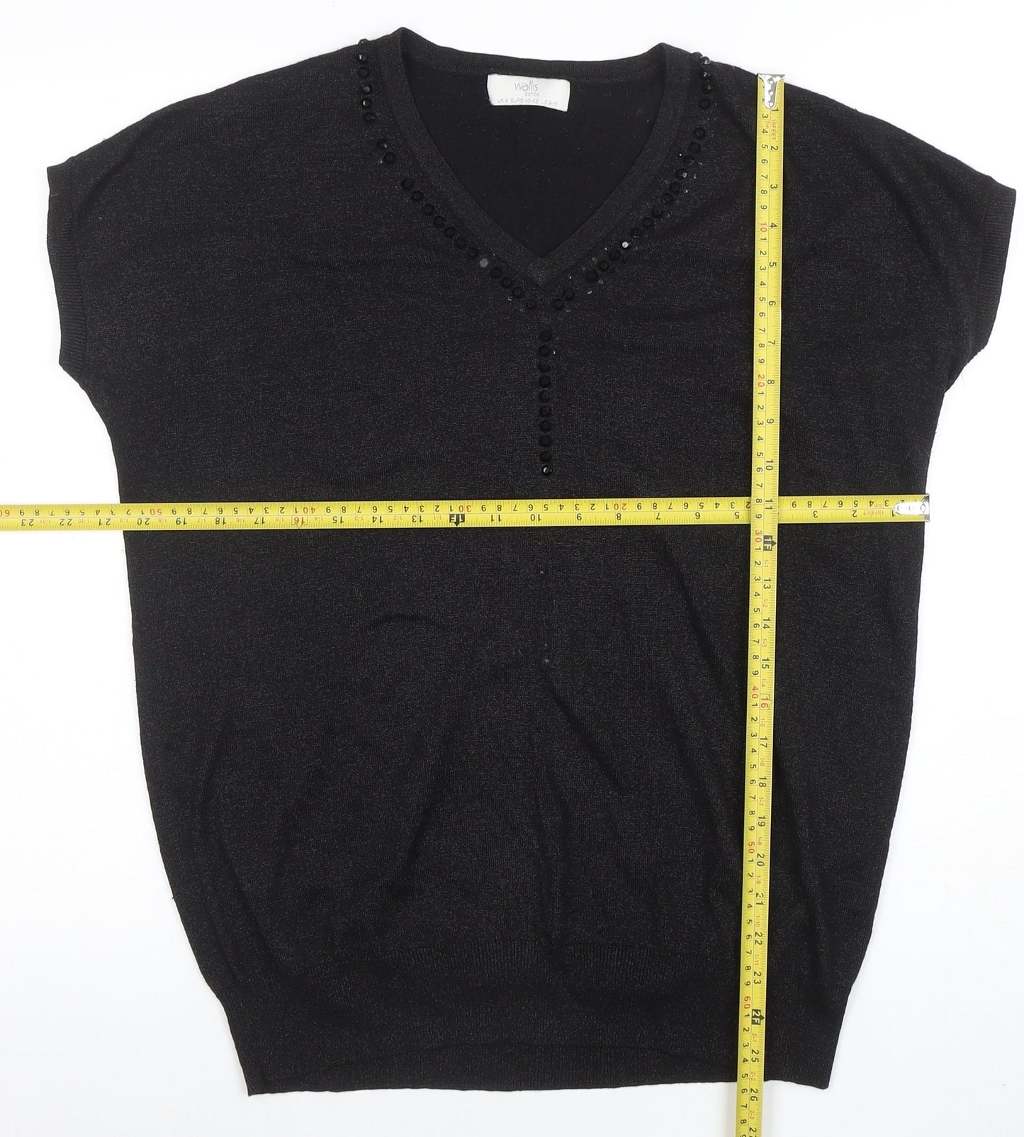 Wallis Petites Black Beaded V-Neck Tunic Knit Top Size M