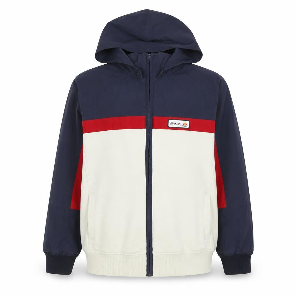 Front view of Ellesse boys’ blue red hooded colourblock full zip track jacket 11-12 years