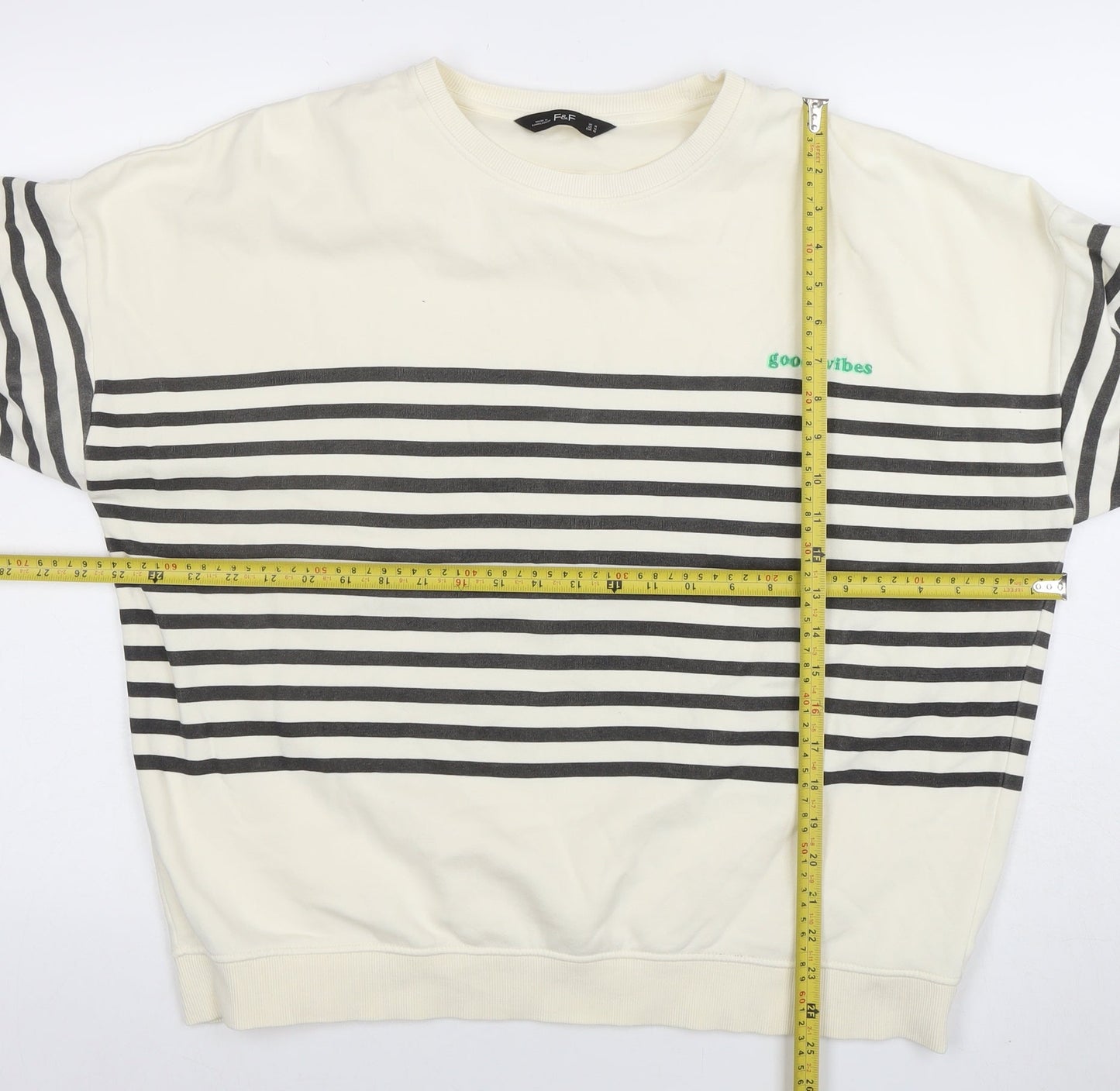 F&F Women Ivory Striped Pullover Sweatshirt Size 14 Regular Fit