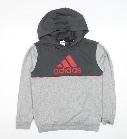 Adidas Boys Grey & Charcoal Pullover Hoodie 11-12 Years Logo Print