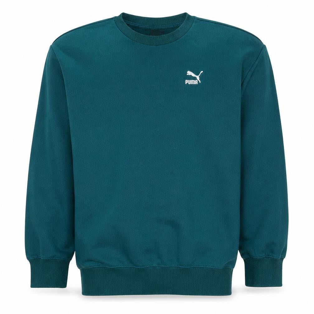 Front view of Puma boys’ teal blue crew neck sweatshirt m cotton logo pullover