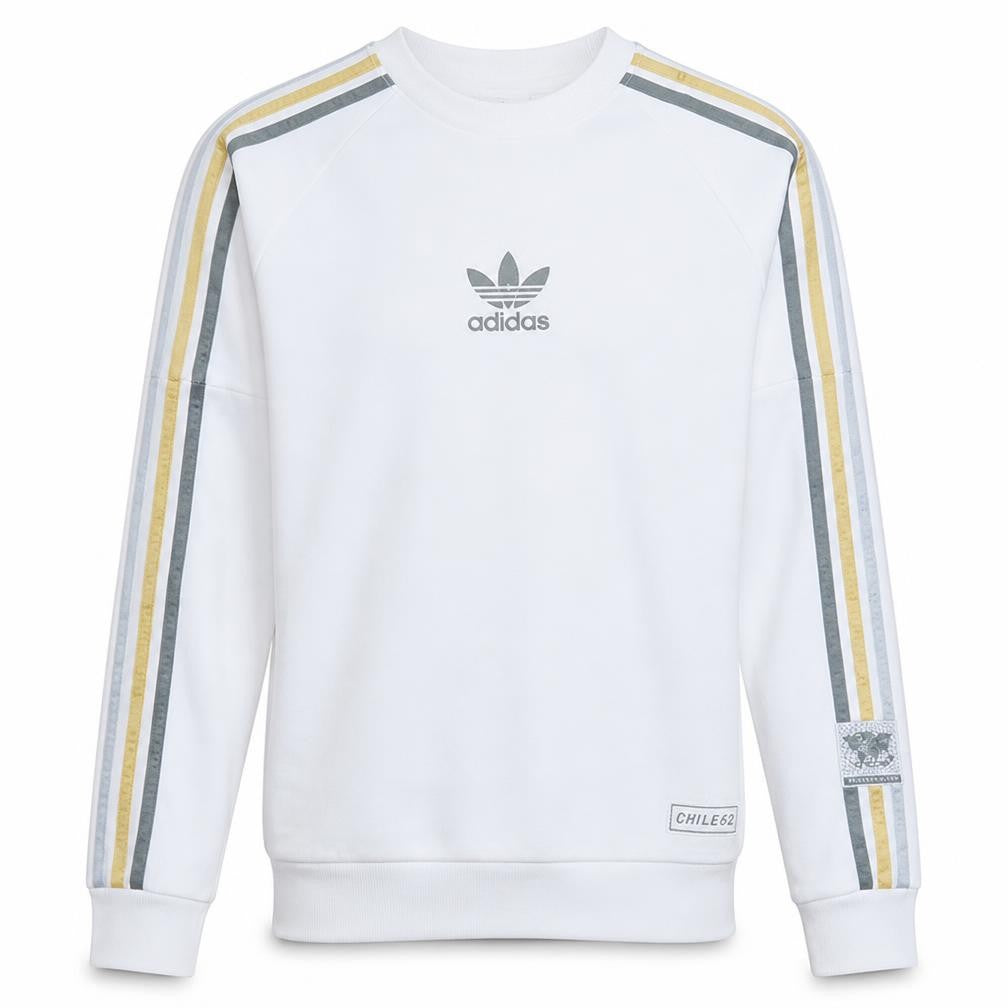 Front view of Adidas men’s white crew neck pullover sweatshirt, size S