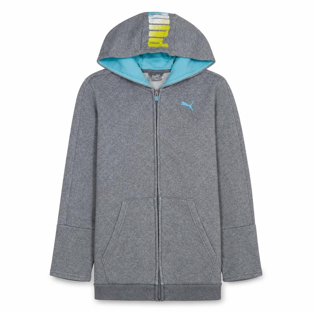 Front view of Puma boys’ grey full zip hoodie age 13-14 years cotton blend