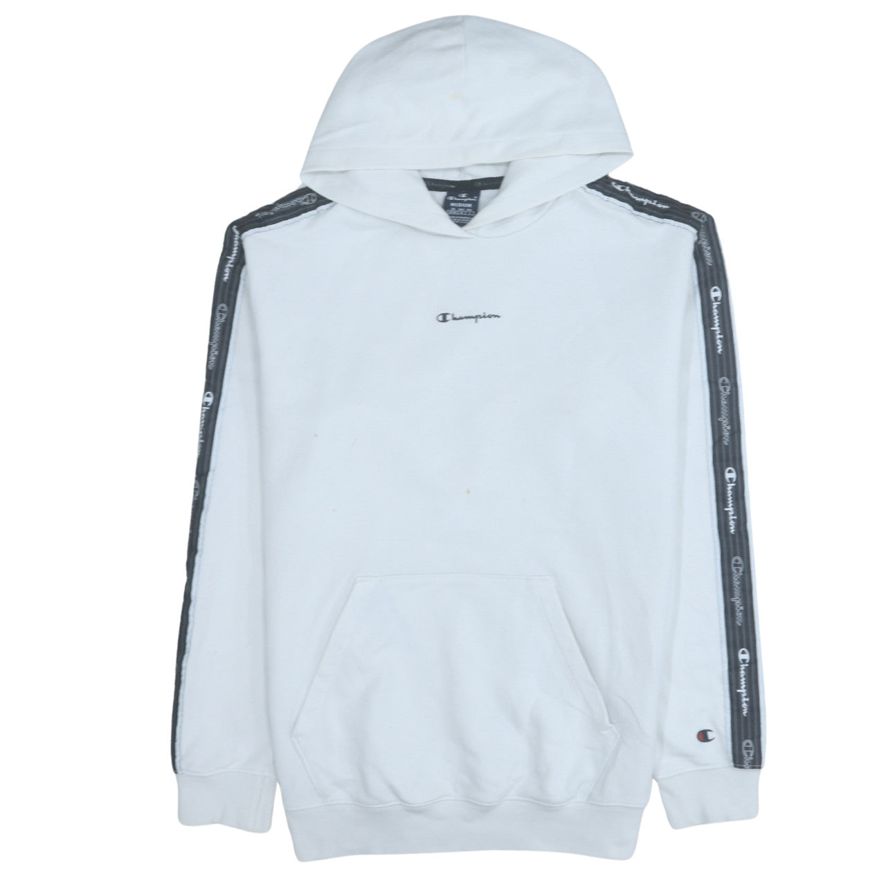 Champion Men White Pullover Hoodie Medium Logo Tape Sleeve Sportswear