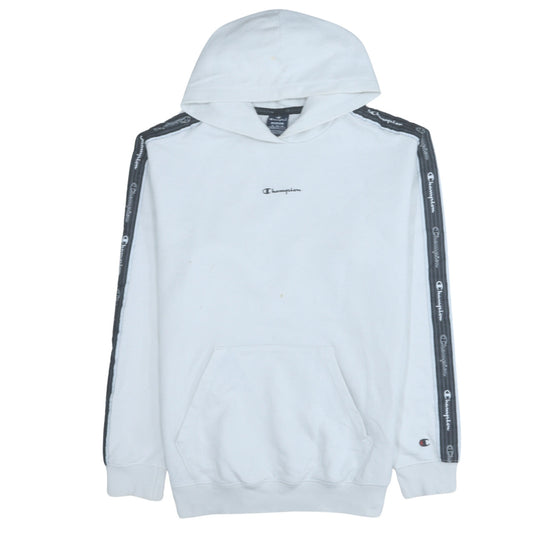 Champion Men White Pullover Hoodie Medium Logo Tape Sleeve Sportswear