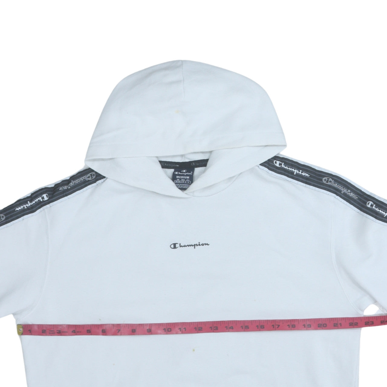Champion Men White Pullover Hoodie Medium Logo Tape Sleeve Sportswear