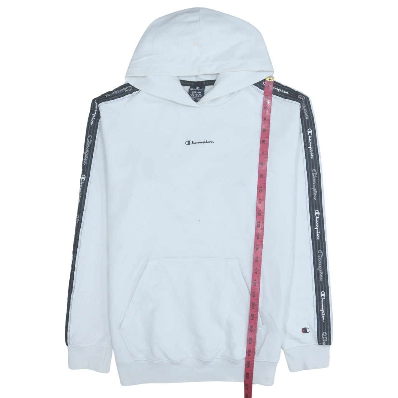 Champion Men White Pullover Hoodie Medium Logo Tape Sleeve Sportswear