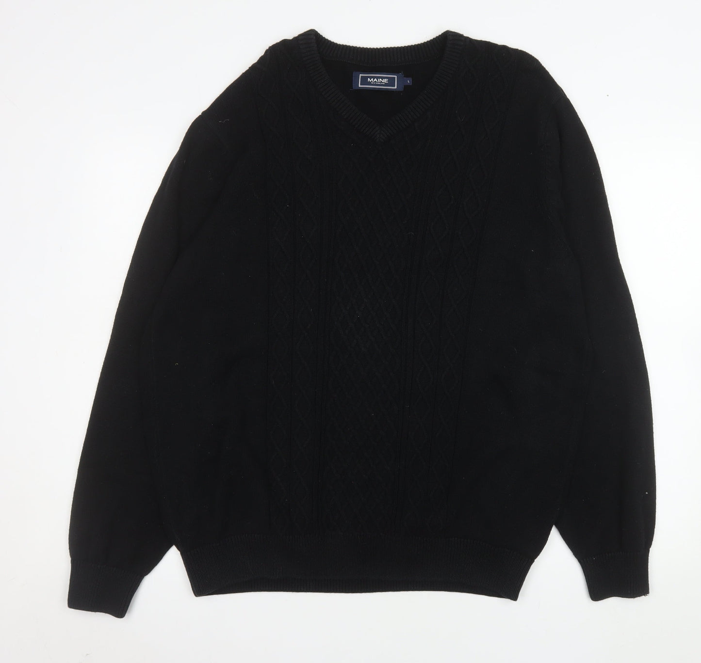 Maine New England Men’s Black Cotton V-Neck Pullover Sweater Size L
