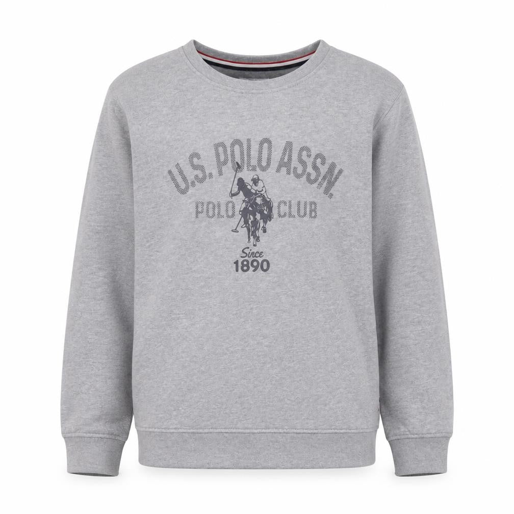 Front view of U.S. Polo Assn. boys’ grey pullover sweatshirt 12-13 years crew neck logo print