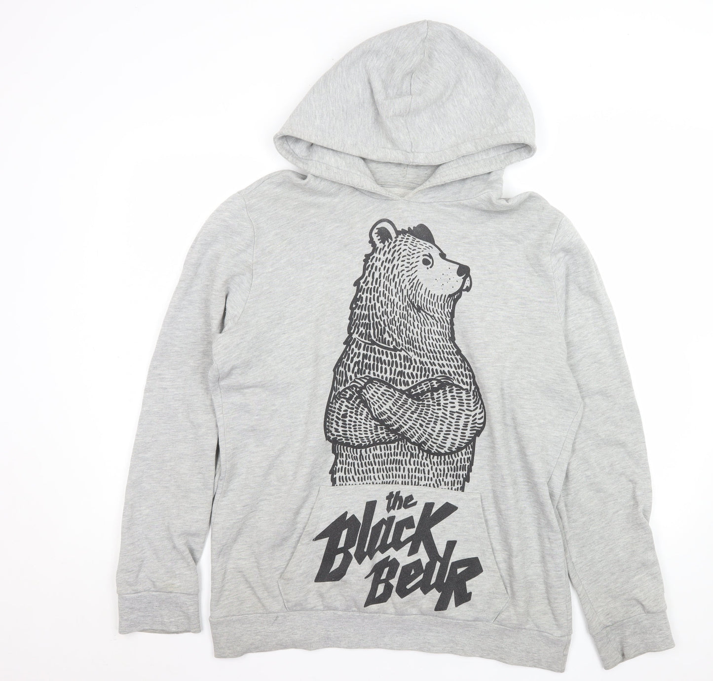 Bershka Mens Grey Graphic 'The Black Bear' Pullover Hoodie Size L