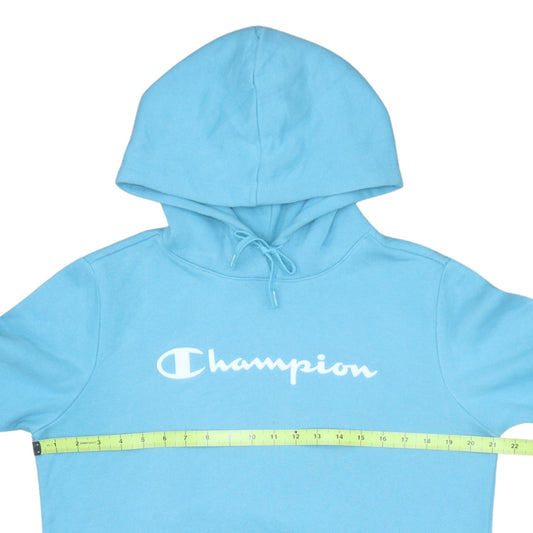 Champion Women Blue Pullover Hoodie L Logo Print Cotton Blend