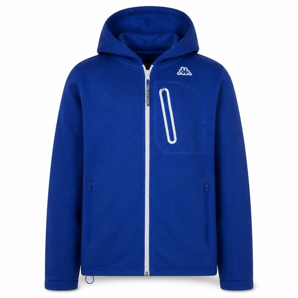 Front view of Kappa boys’ blue full zip hoodie italia logo, size L, fleece sportswear