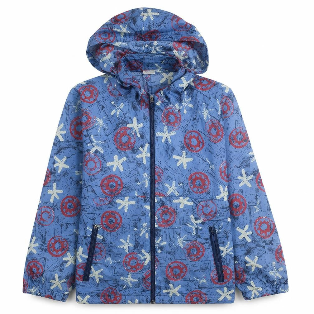 Decathlon Unisex Kids Blue Nautical Print Hooded Lightweight Rain Coat L
