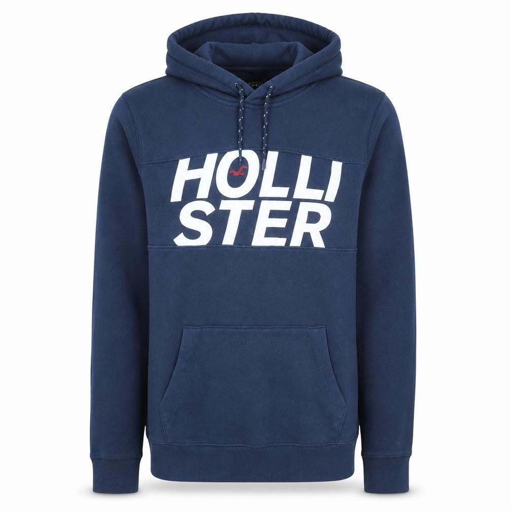 Hollister Men Blue Pullover Hoodie Fleece Medium Logo Print