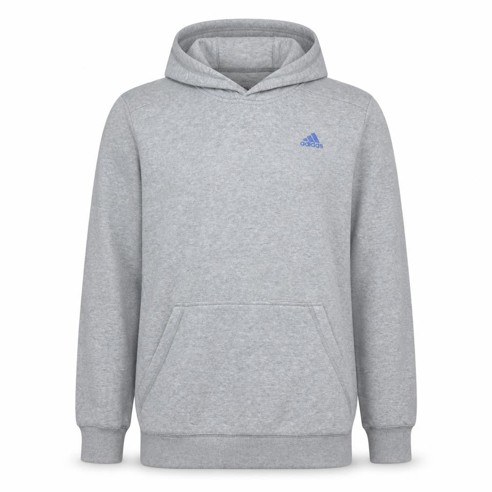 Front view of Adidas Men's Grey Pullover Hoodie Regular Fit, size M, Essentials