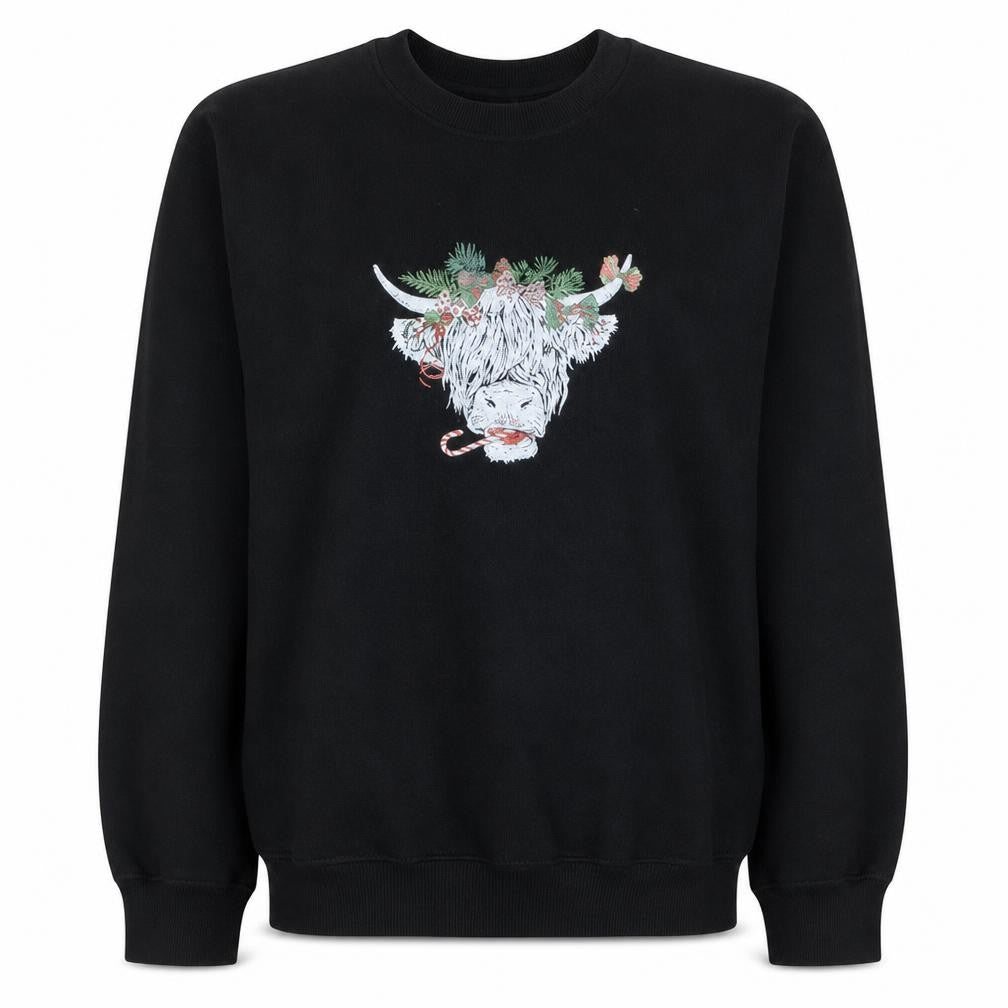 Gildan Women's Black Medium Pullover Sweatshirt Highland Cow Print