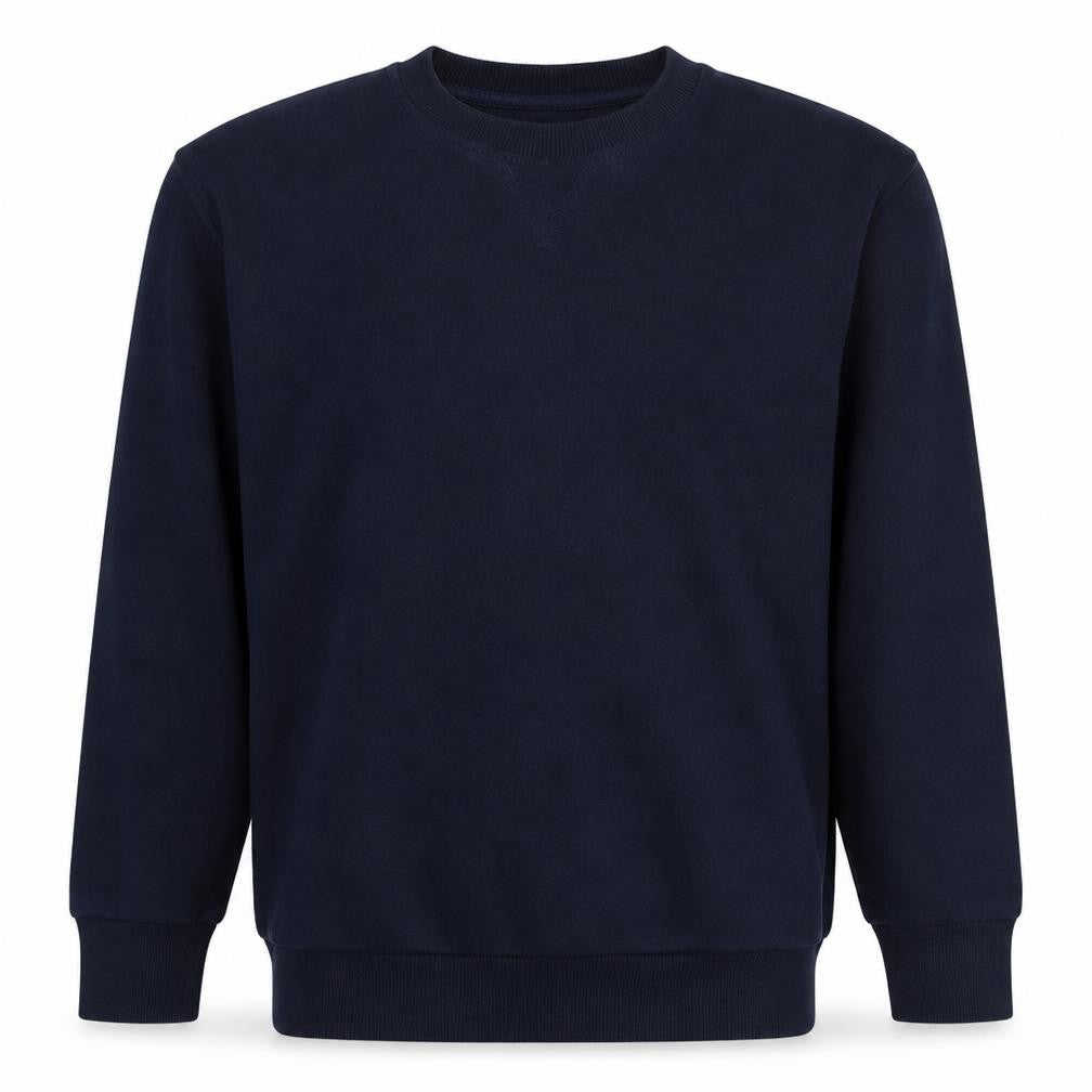 Front view of Tommy Hilfiger boys’ blue crew neck pullover logo sweatshirt, size 164